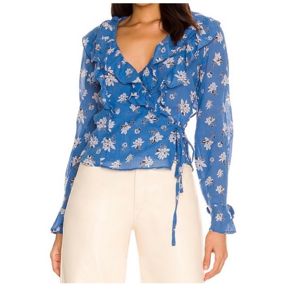 Free People Blue Floral Ruffle Wrap Blouse Long Sleeve Tie Cuff Top XS